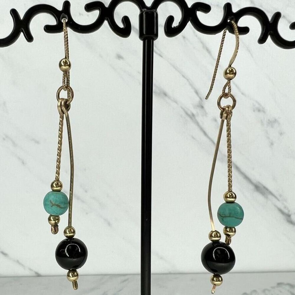 Gold Tone Faux Turquoise and Black Beaded Drop Dangle Earrings Pierced Pair